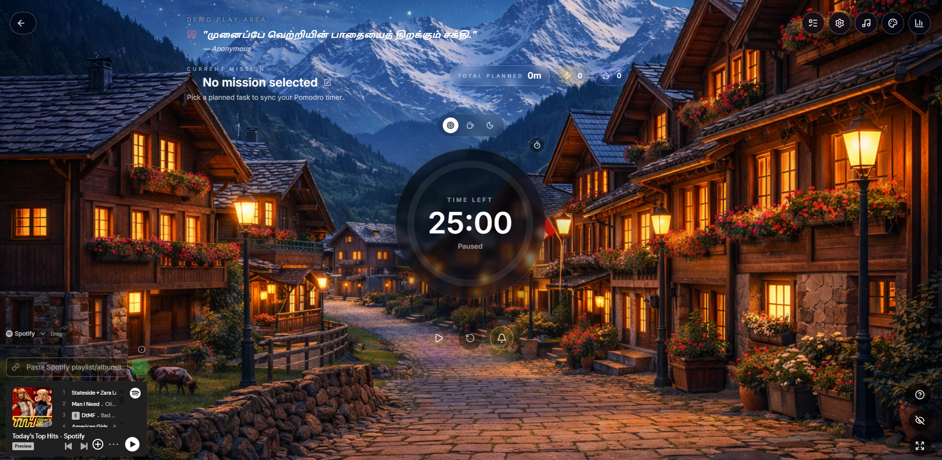Focusfloo Writer Mode presets panel with Tamil and global options